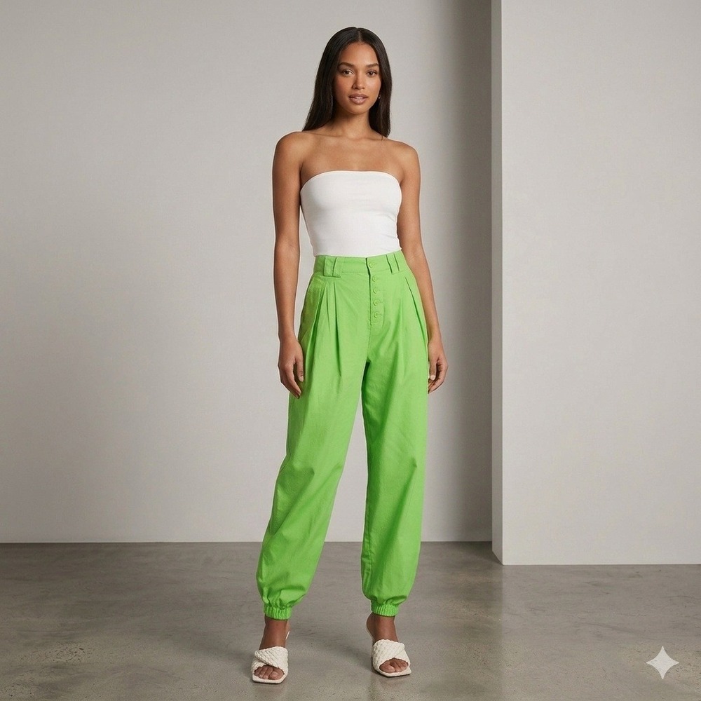 L'Academie Los Angeles Lime Green Linen Blend Pleated Jogger Pants XL NWT
